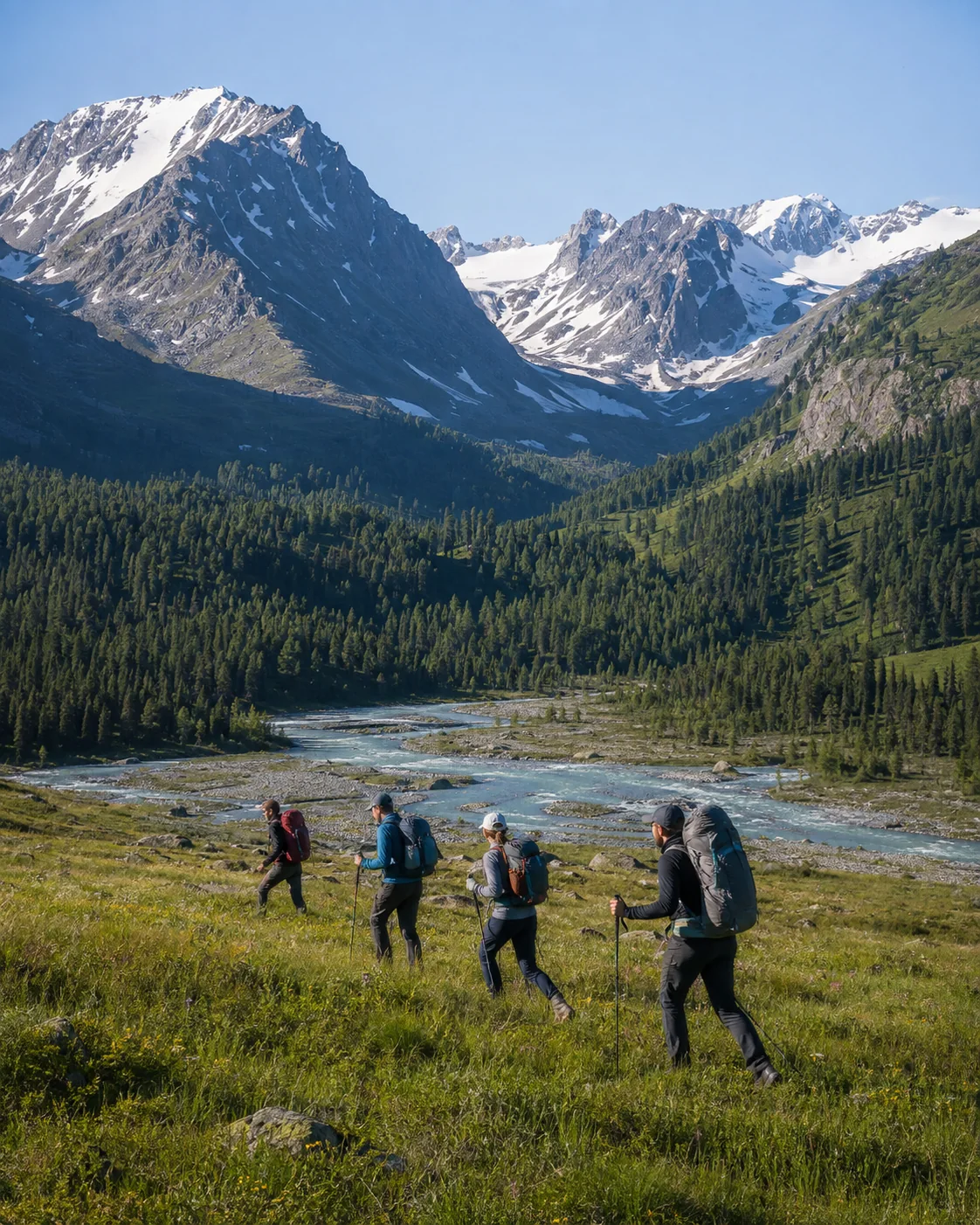 Travellers hiking through a valley beneath the snowy Kazakhstan Altai