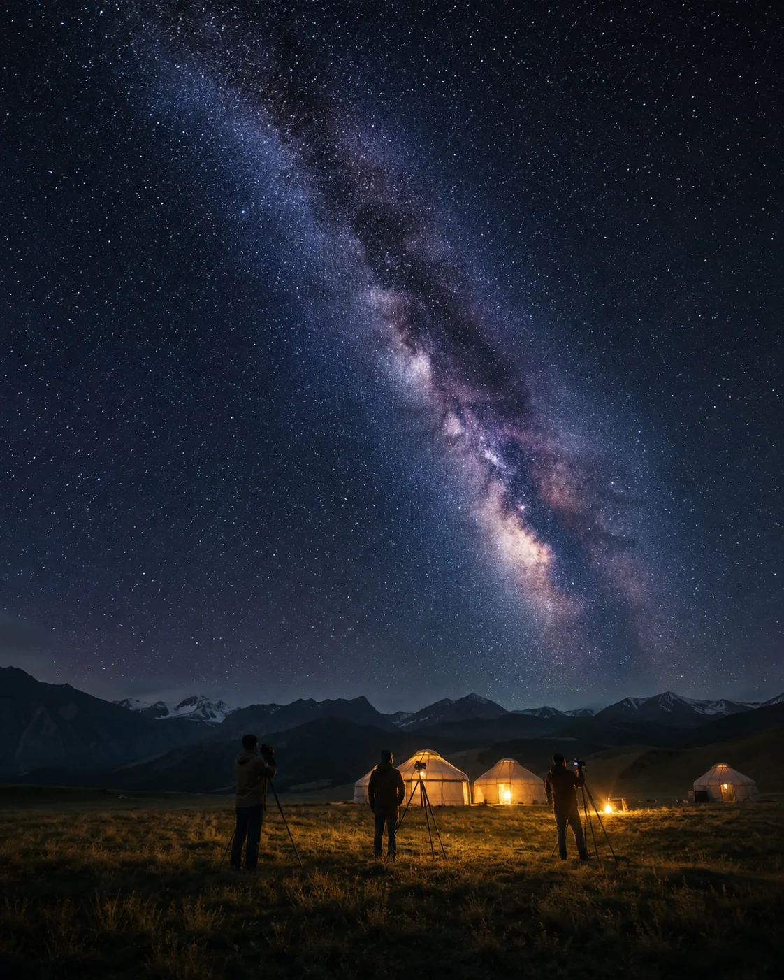 The Milky Way above a tent and mountains on the Assy Plateau