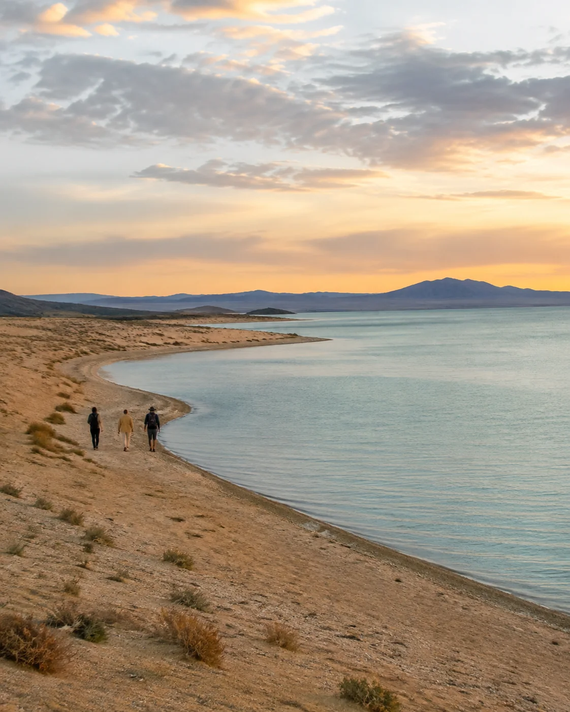 Turquoise Lake Balkhash beside a desert shore at sunset