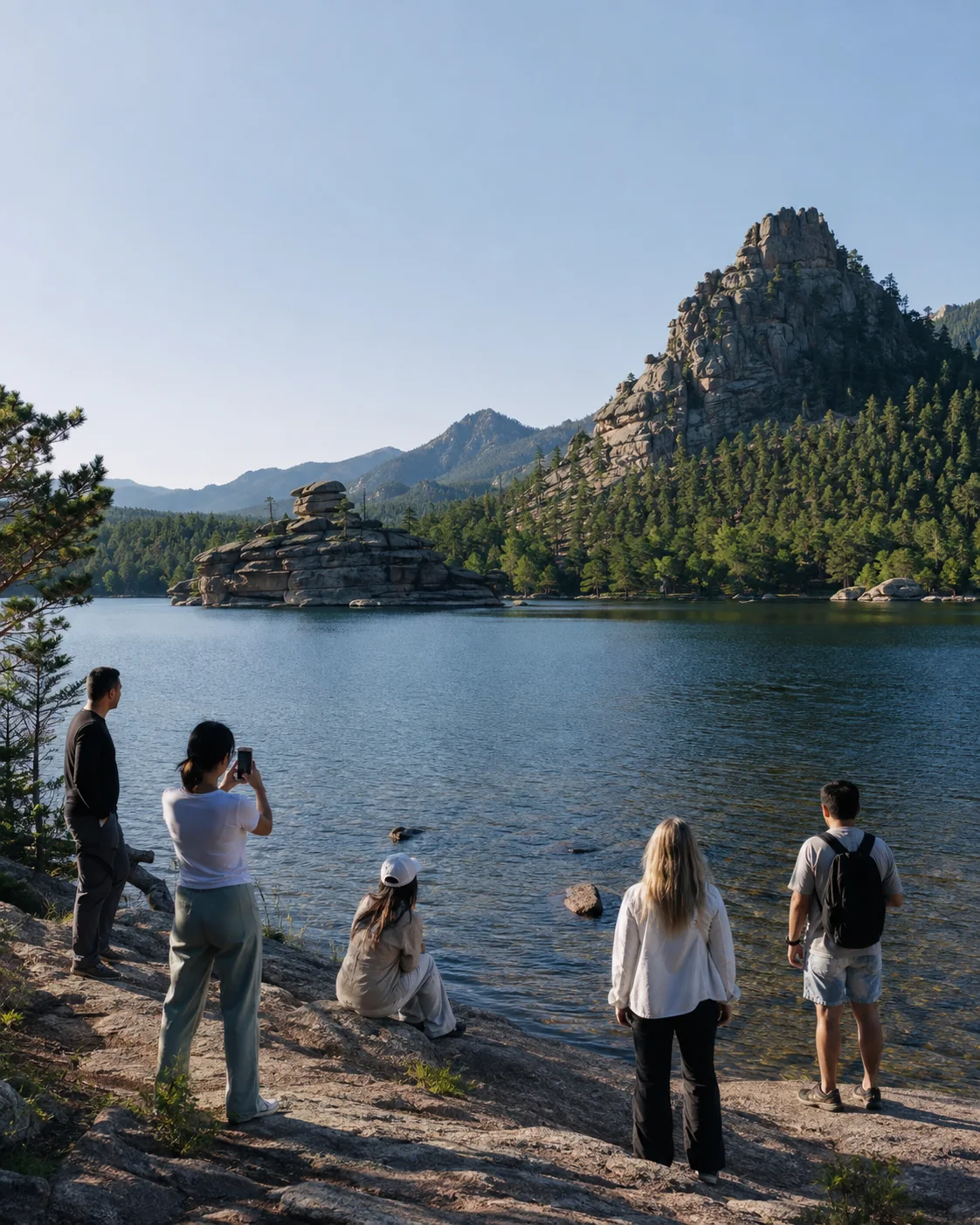 Lake and granite cliffs among the pine forests of Burabay