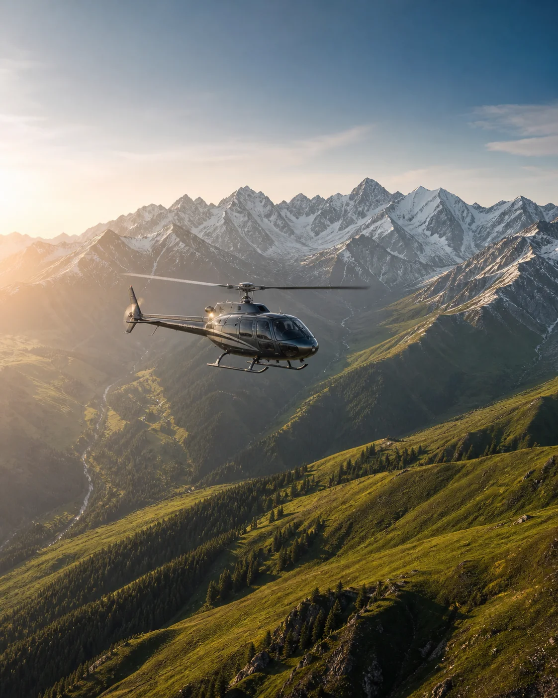 Private helicopter at a landing site among the Alatau mountains