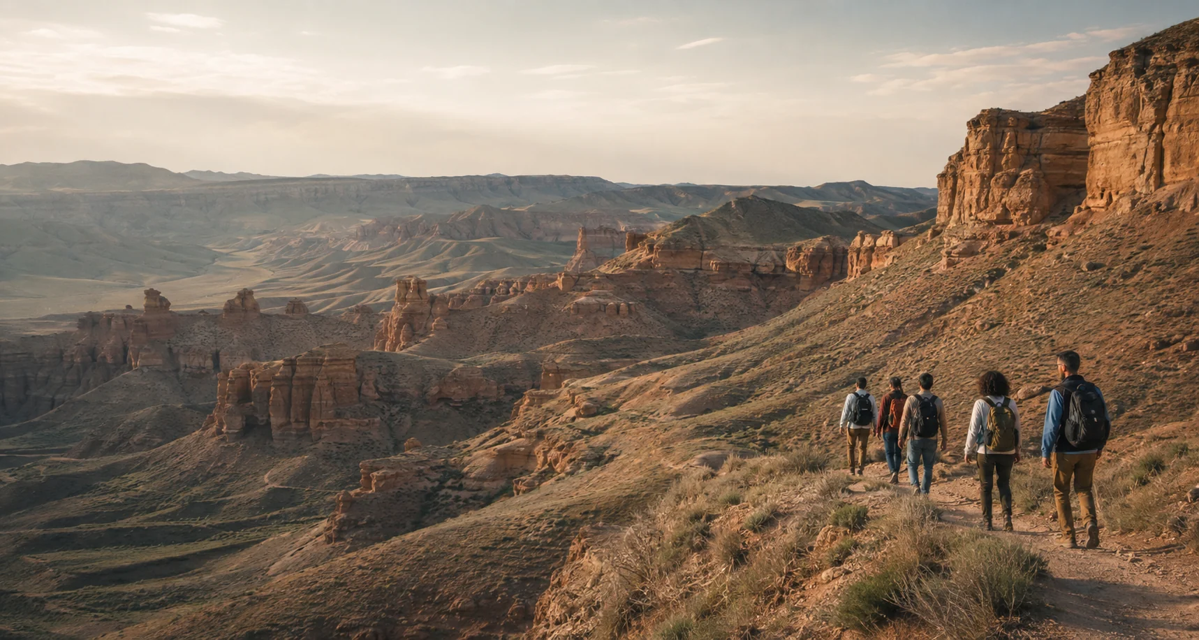 A group of travellers hiking above Charyn Canyon