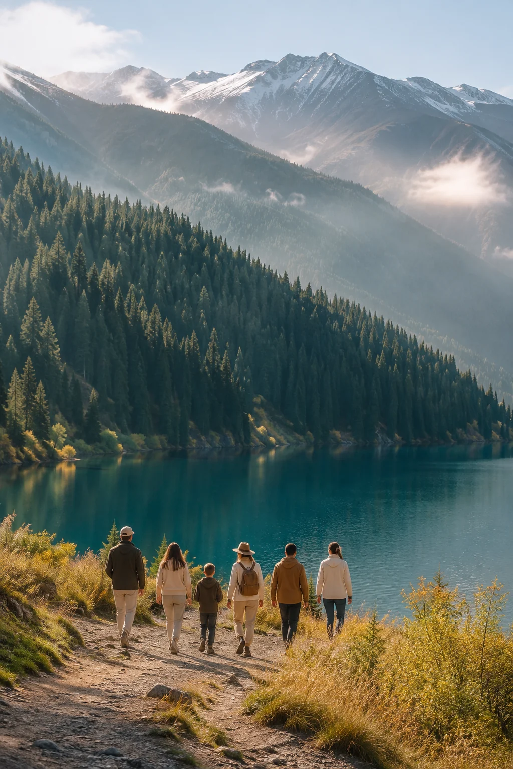 A group hiking beside Kolsai mountain lake