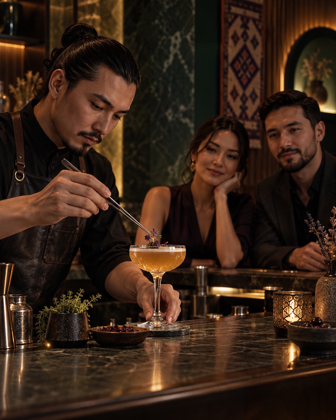 Bartender preparing a signature cocktail for adult guests in an Almaty bar