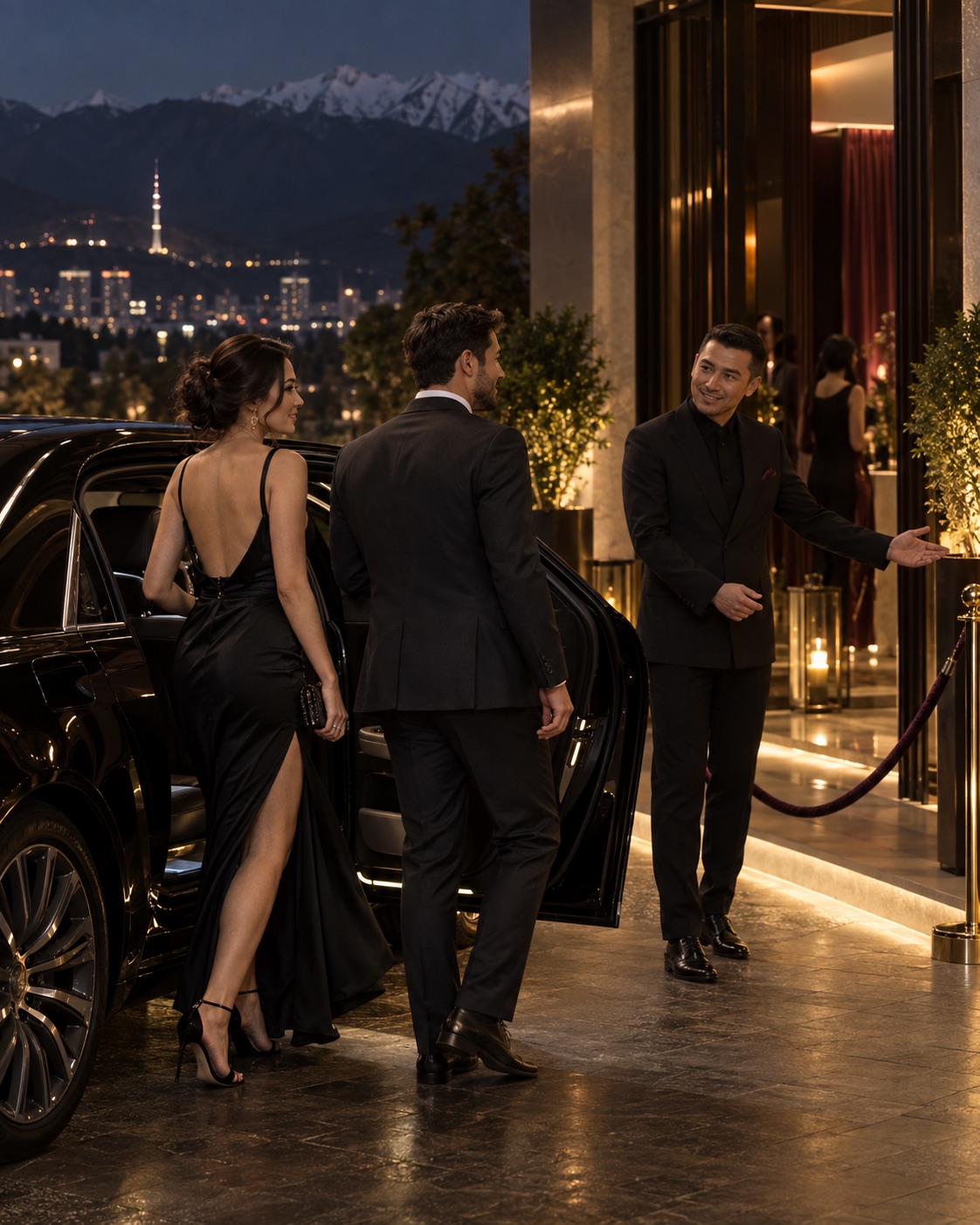 Private guests arriving by premium car for a hosted night out in Almaty