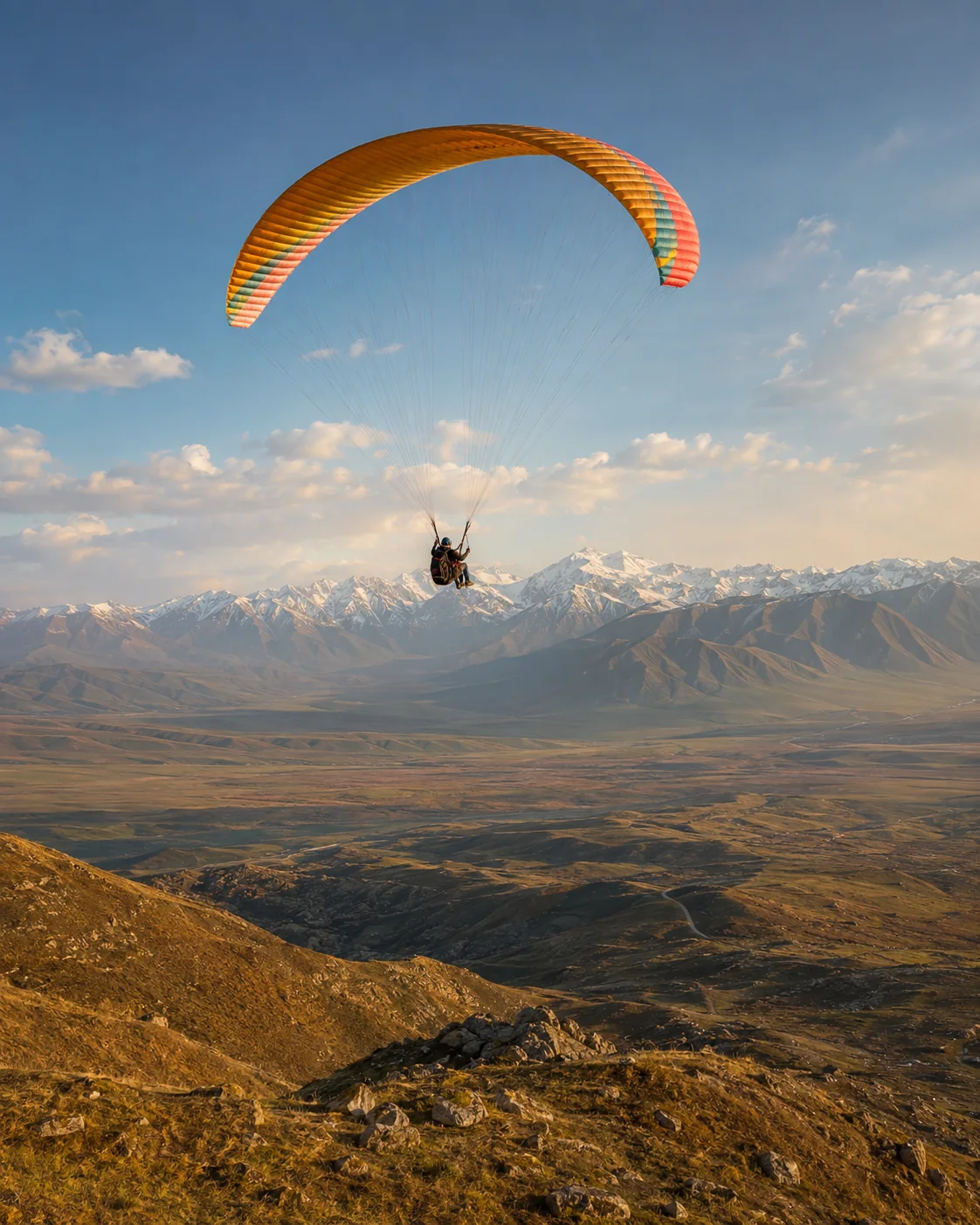 Paraglider above the green hills of Ushkonyr