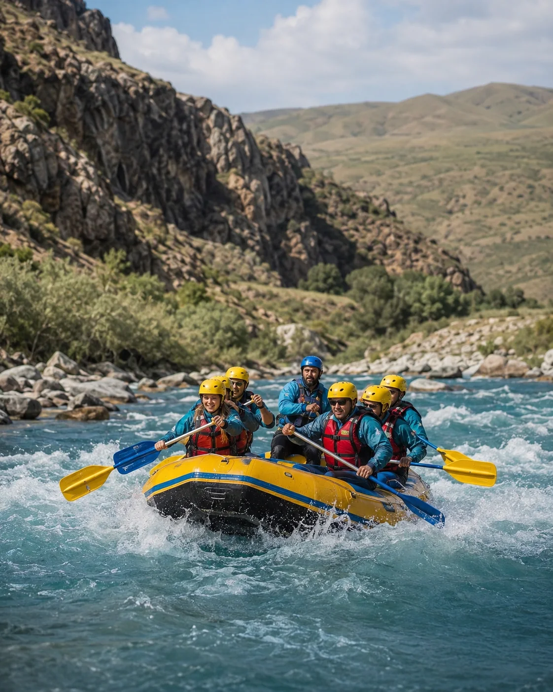 A team navigating rapids on a raft along the Ili River