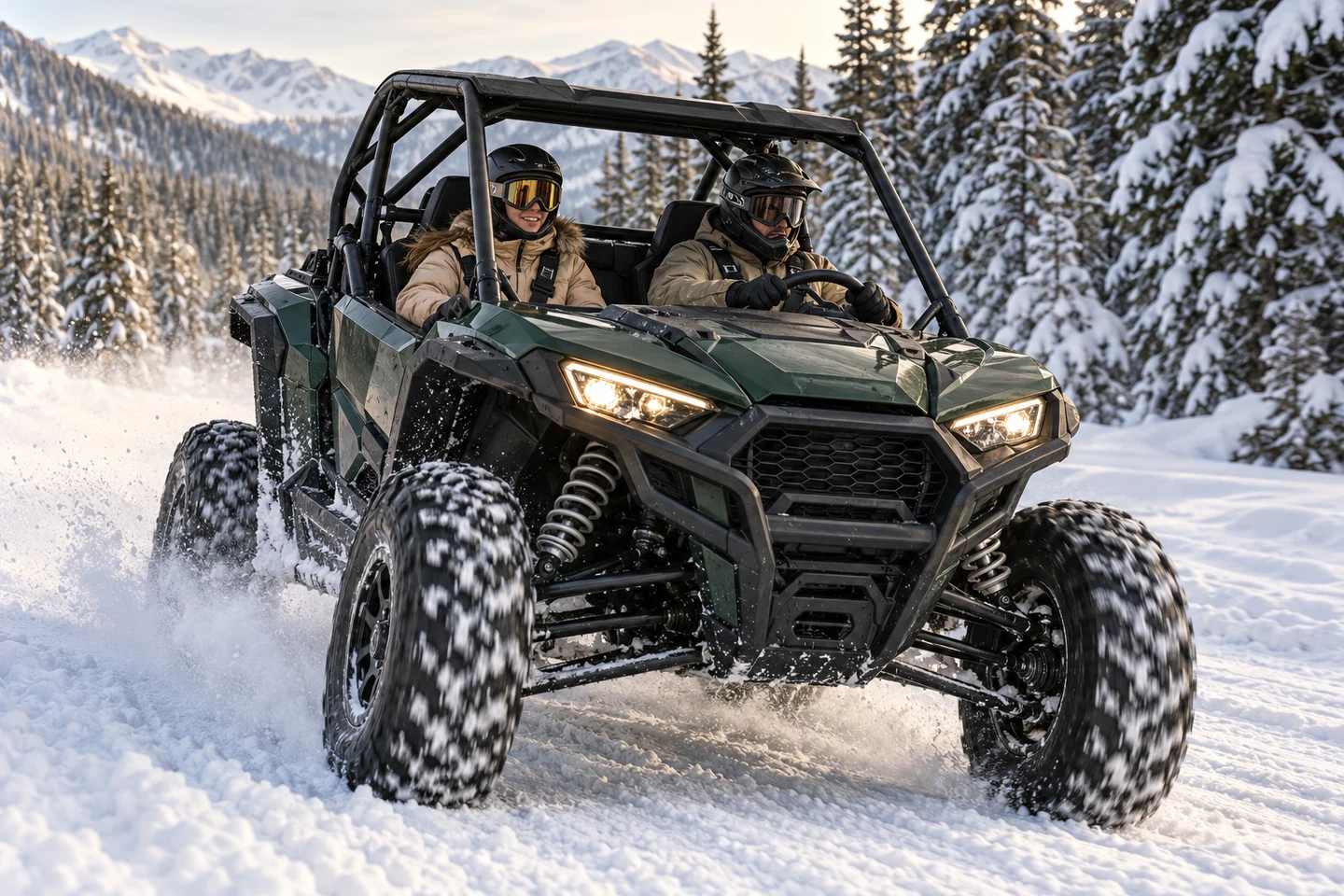 AI-generated illustration of a two-seat buggy with helmeted occupants on a prepared snowy track.