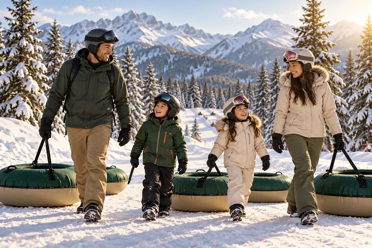 AI-generated winter illustration of a family enjoying a snowy mountain setting; not a documentary photograph of Oi-Qaragai.