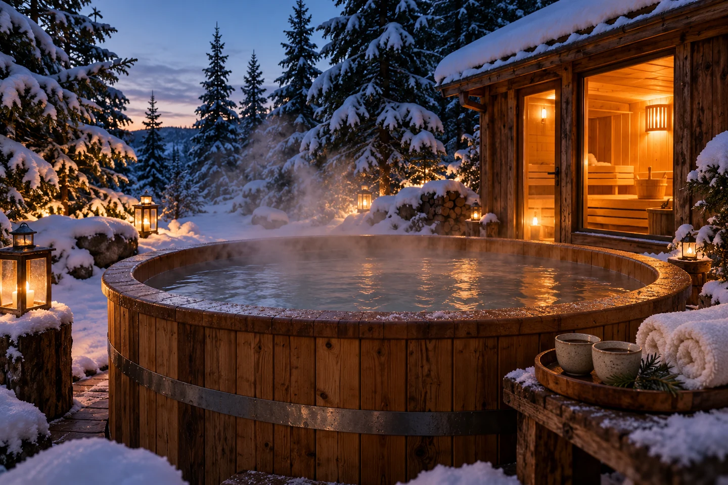 AI-generated illustration of an outdoor wooden hot tub and a cosy sauna in a snowy forest.