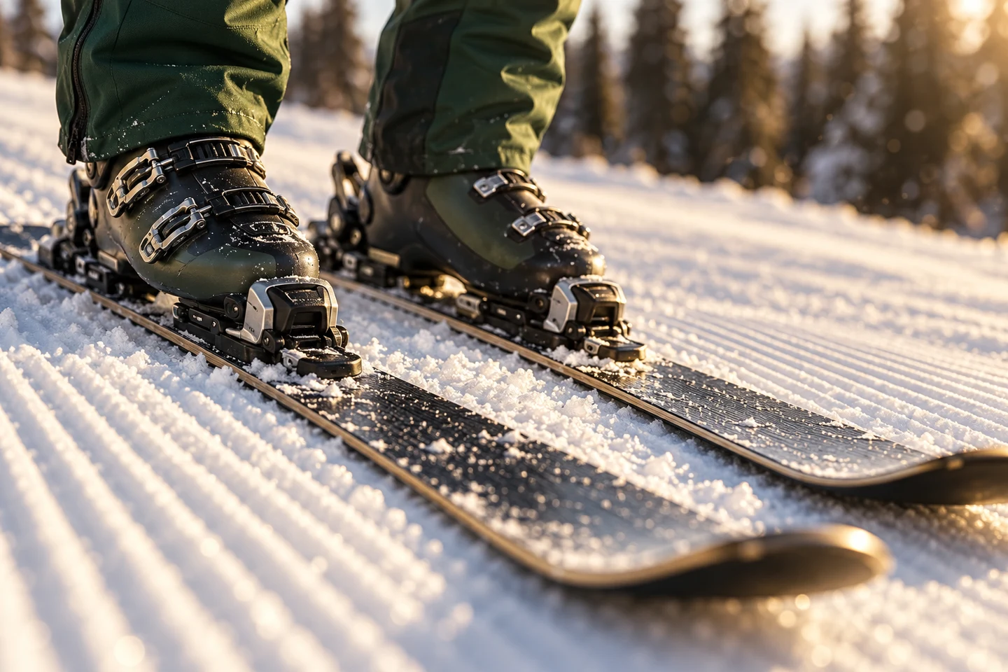 AI-generated close-up illustration of ski boots, bindings and skis on textured snow.