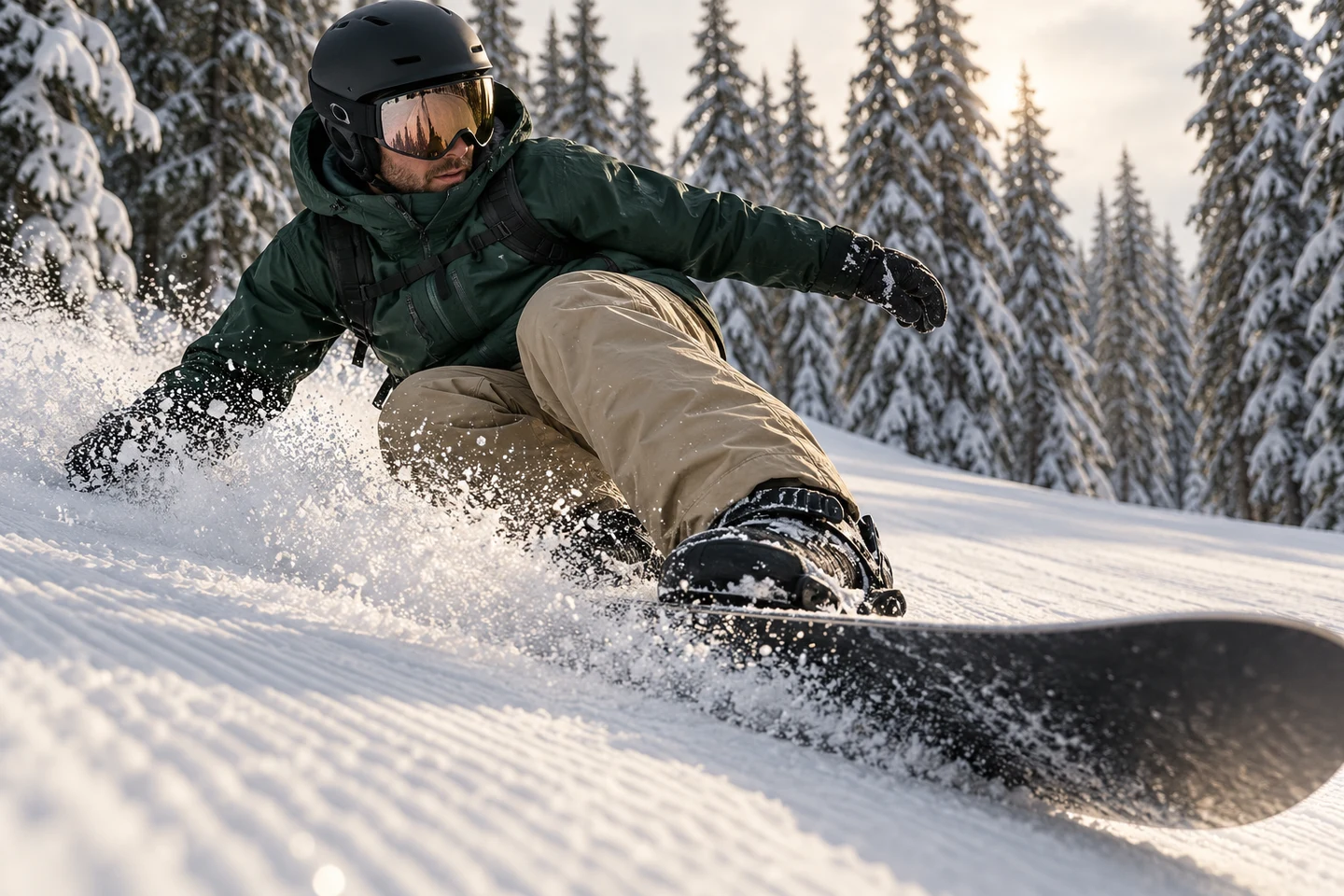 AI-generated action illustration of a snowboarder carving beside a snowy spruce forest.
